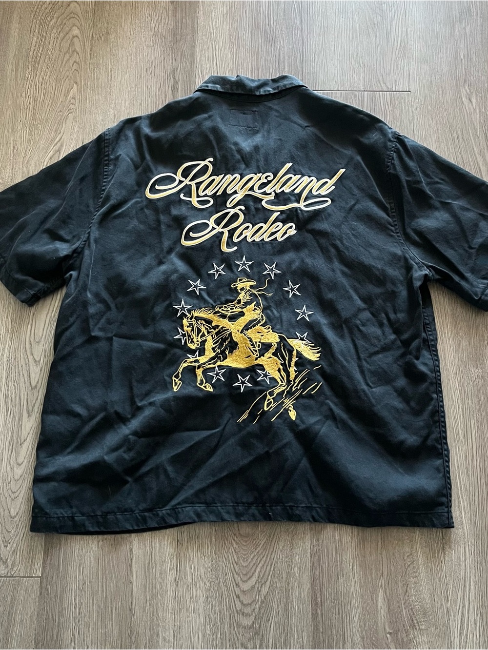 PacSun Black Short-Sleeve Button Down with Gold 'Rangeland Rodeo' Graphic